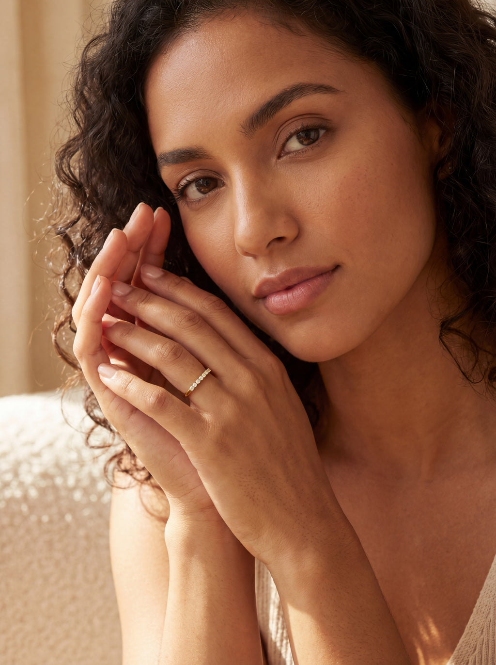 Gold Ring with Diamonds on a Model's Hand