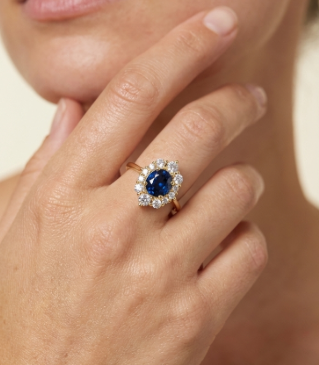 Gloria Saphir-Diamantring aus Gold getragen elegant