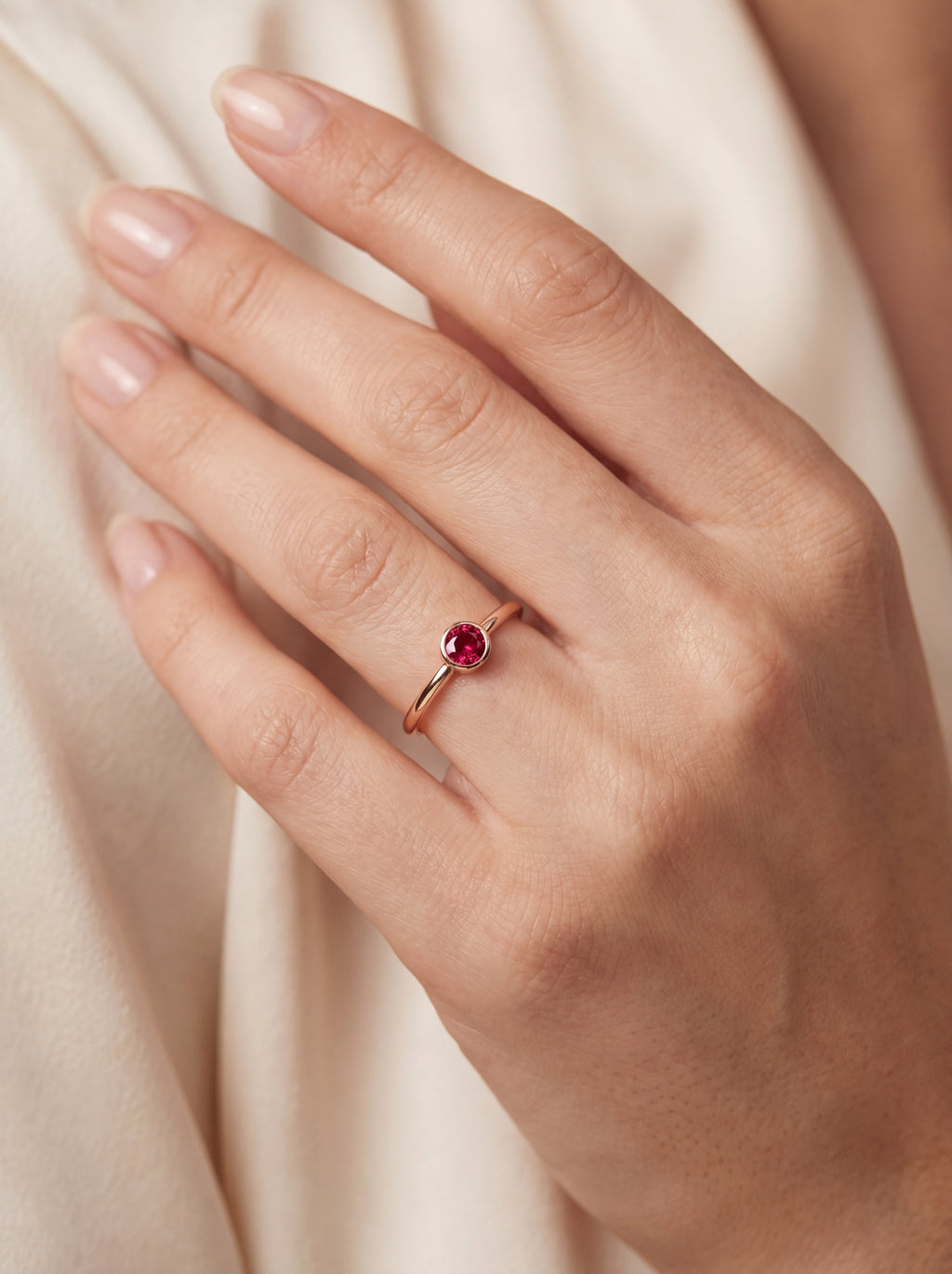 Solivelle Rubin-Diamantring aus Roségold getragen elegant